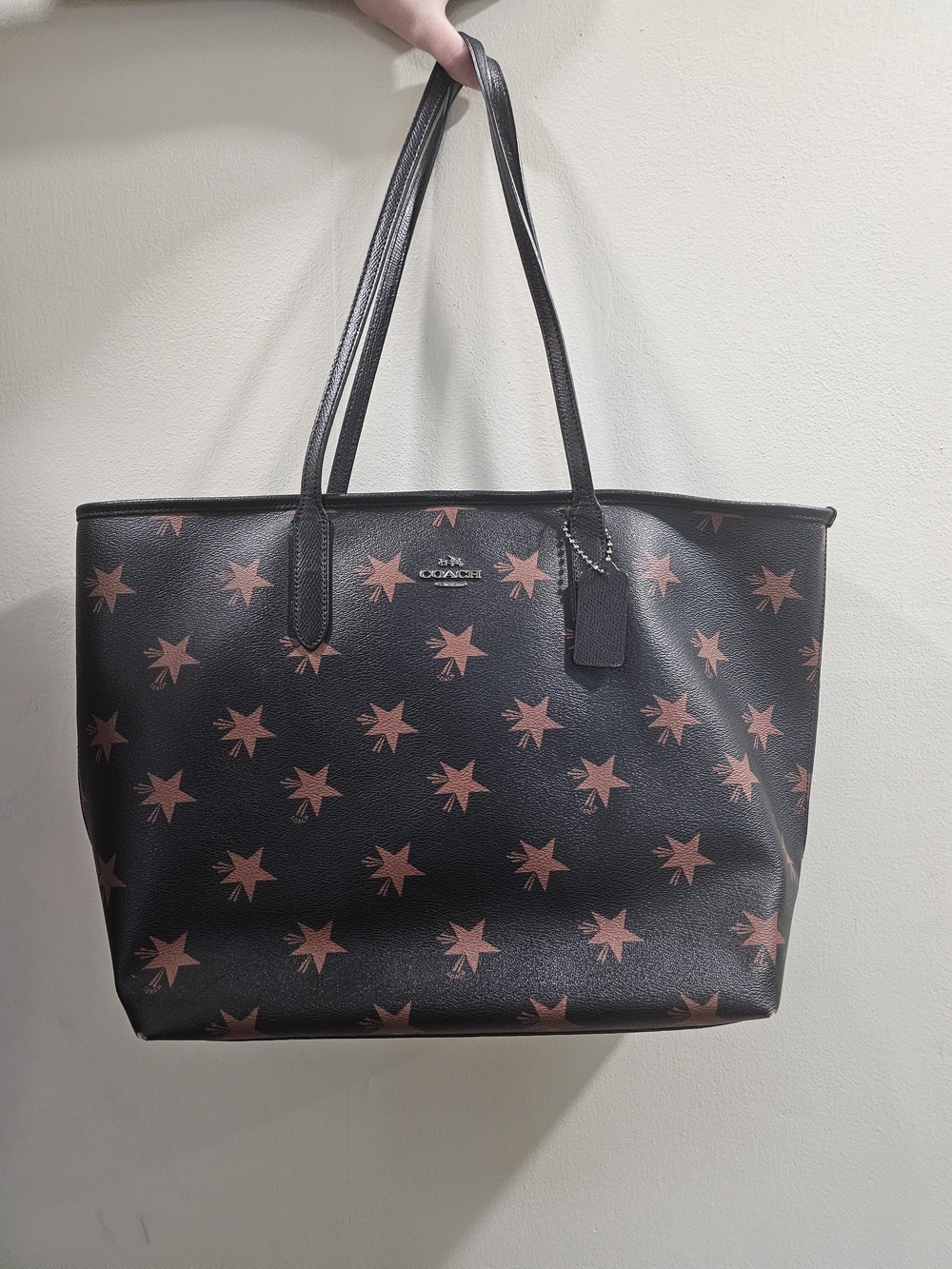 Coach Black Leather Tote with Pink Star Print